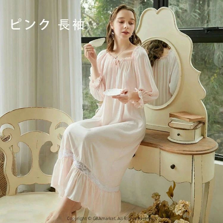 ネグリジェ レディース 春 夏 ロング ネグリジェ 姫 半袖 長袖 綿 無地 ガウン ナイトウェア ルームウ..