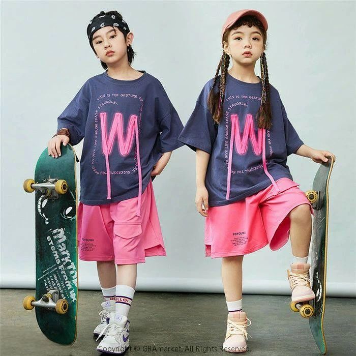 UrbanEclatのキッズダンス衣装 半袖シャツ ハーフパンツ ヒップホップ Tシャツ ピンク グリーン 男の子 女の子 ダンスウェア choreo urban K-POP hiphop 110cm〜180cm｜アングル2