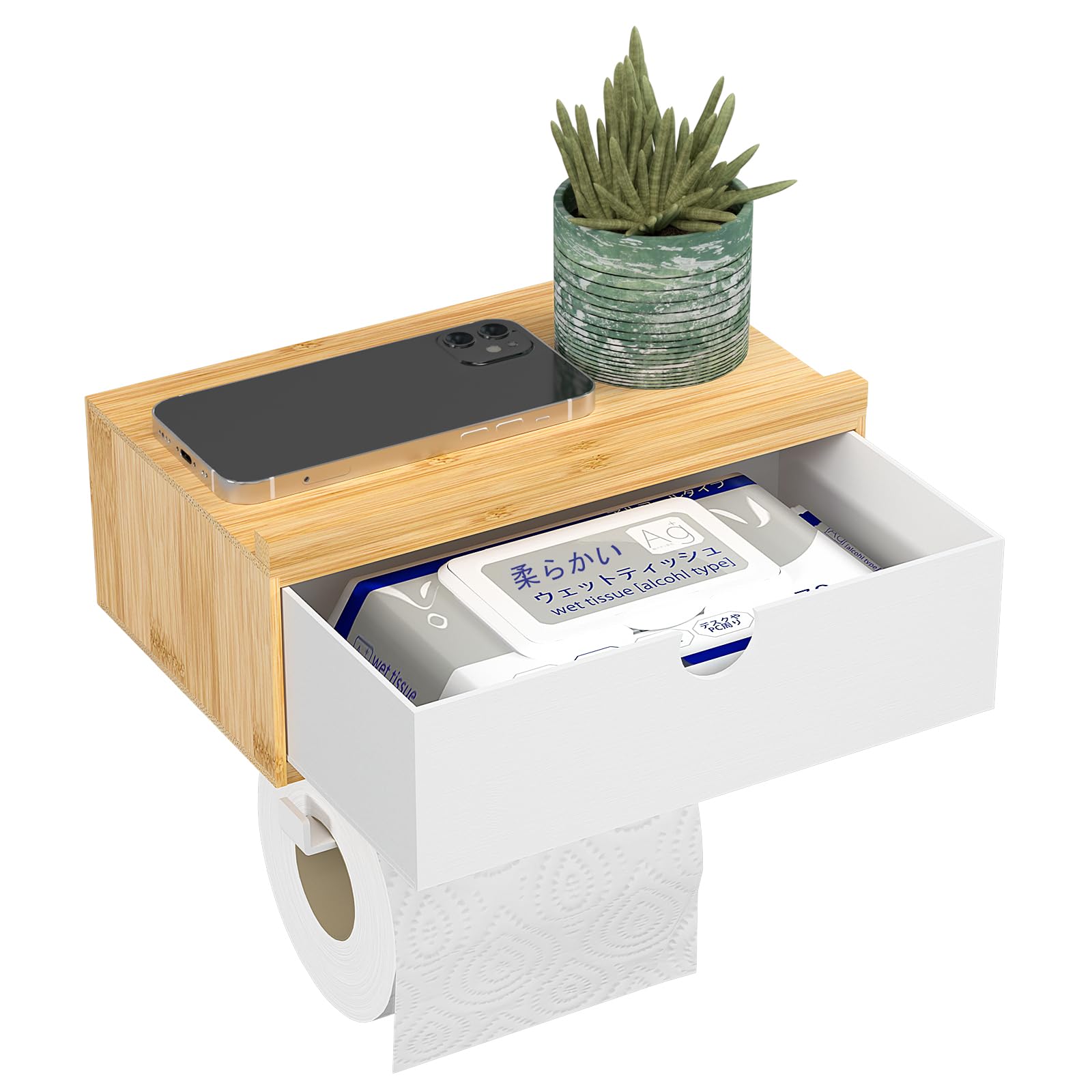 トイレットペーパーホルダー 壁掛け ティッシュラックタオル 掛けハンガー 収納ボックス付き 棚付き(ス..