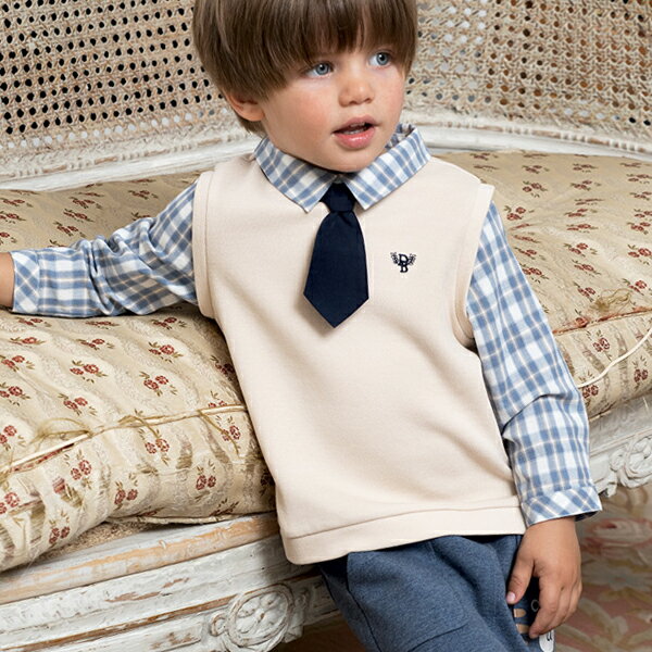 男の子 トップス 子供服 長袖 ドッキング チェック シャツ ベスト ベージュ ベーシック クラシック 受験 上品 お出かけ秋 春 冬 70 80 90 100 110 120 130cm db18654 dave&bella デイブ ベラのサムネイル