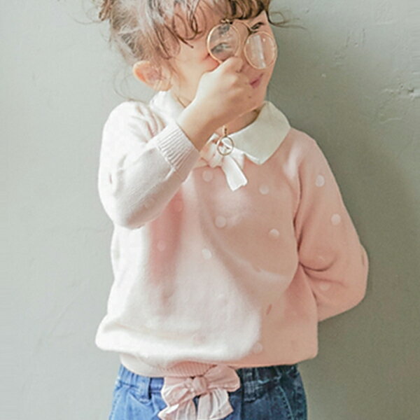 女の子 トップス 子供服 長袖 ニット カットソー ピンク 襟付き ドット柄 お出かけ 学校 保育園