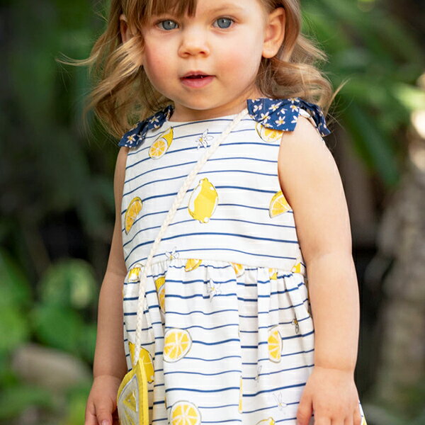 女の子 ワンピース 子供服 袖なし ノースリーブ ボーダー 肩リボン レモン 柄ワンピ ポシェット付き お揃い 春 夏 70 80 90 100 110 120 130 cm dbm13818 dave&bella デイブ ベラ