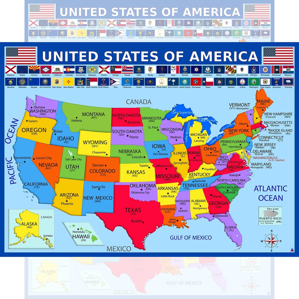アメリカ合衆国地図と州旗ポスター ラミネート加工 14 x 19.5インチ 教育ポスター 子供用アメリカ地図 小学生教室の装飾品 教師用品