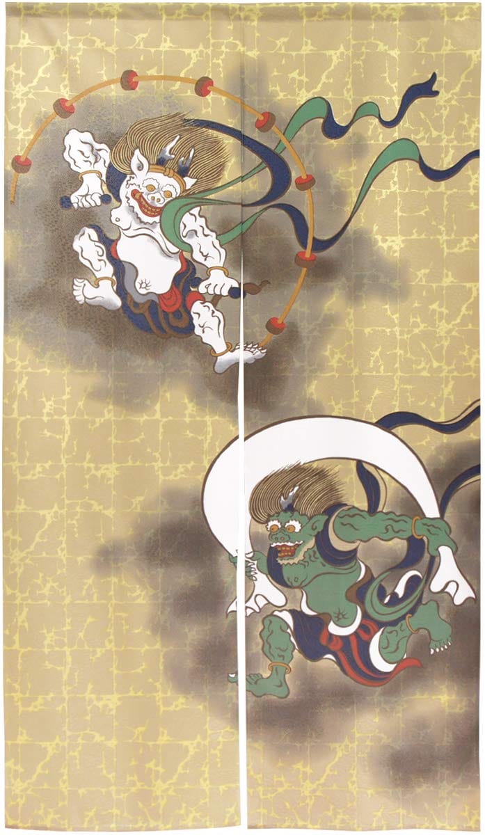 のれん工房 のれん 浮世絵 和風 タペストリー半間のれん 伝統 幅85×丈150cm 風神雷神 レース生地 2087