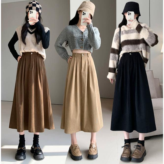コーデュロイスカート 台形スカート 秋冬 aライン バッグゴム サイドポケット スカート リブ 広い裾幅 ..