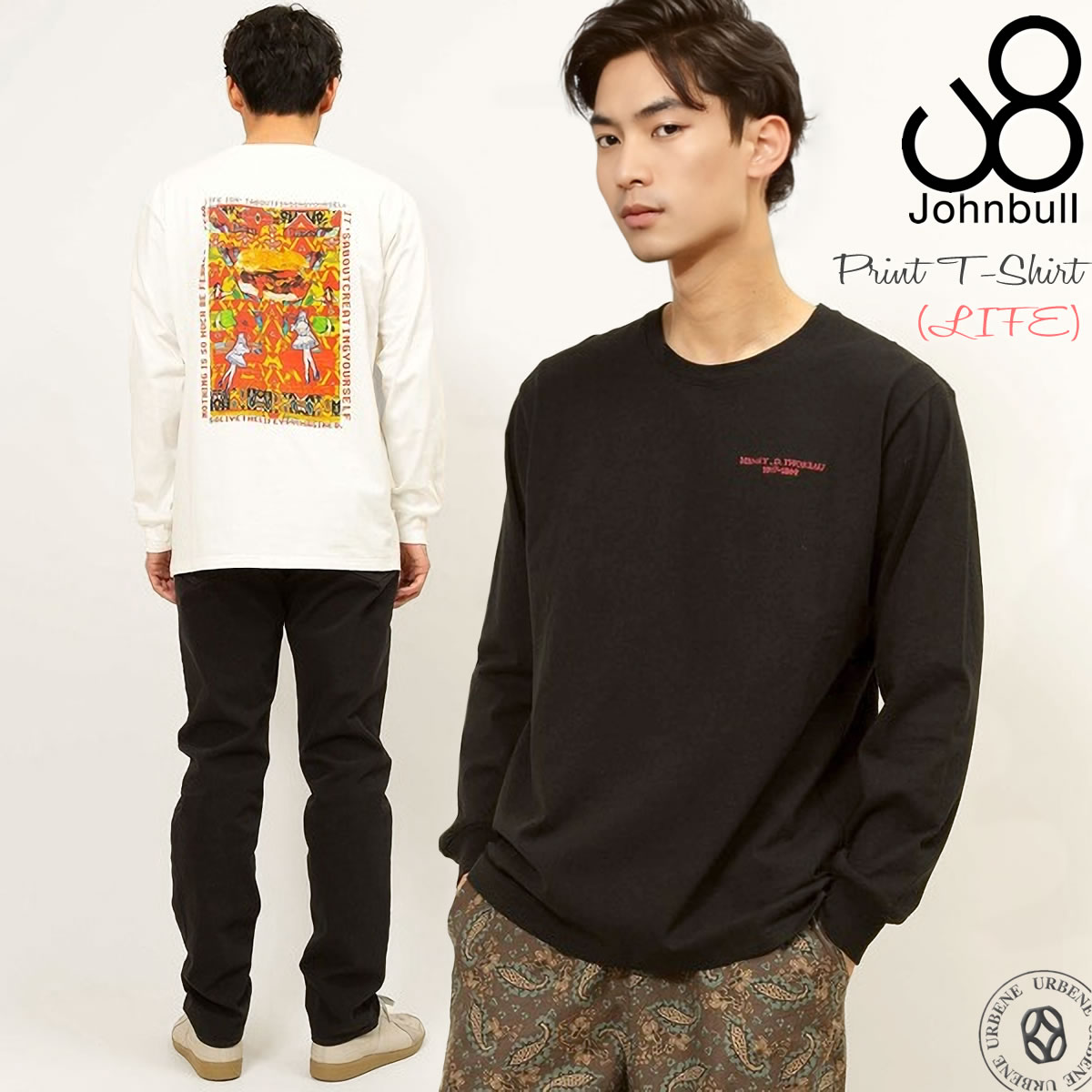 【55%OFFセール】Tシャツ ジョンブル メンズ Johnbull 長袖 ロングスリーブプリントTシャツ LIFE ライフ クルーネック ロゴ刺繍 バックプリ...