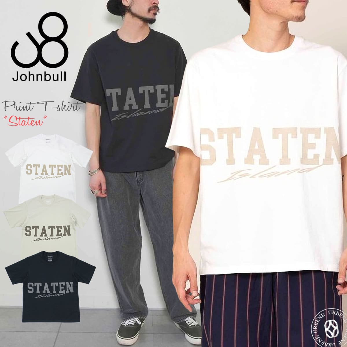 ジョンブル メンズ Johnbull 半袖 英字 デザインプリントTシャツ クルーネック staten ステーテン (25767) コットン 楽天 アメカジ ホワイト ブラック ベージュ S M L LL John bull おしゃれ アーベン 普段使い 実用的 ショートスリーブ 2024年