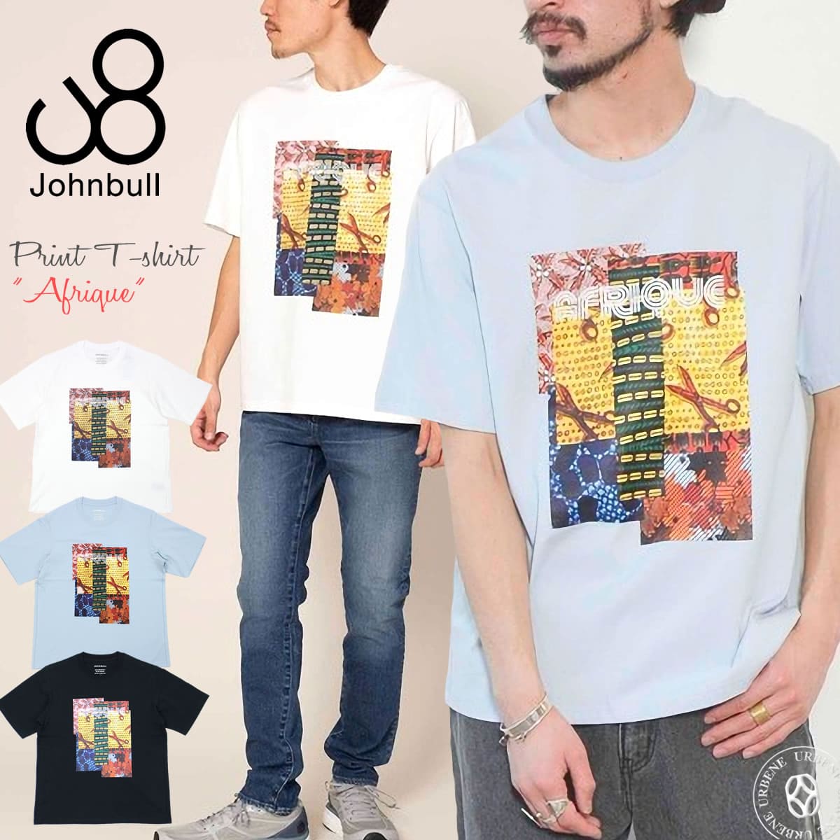 ジョンブル メンズ Johnbull 半袖 英字 デザインプリントTシャツ クルーネック AFRIQUE アフリカンバティック (25770) コットン 楽天 アメカジ ホワイト ブラック サックス S M L LL John bull おしゃれ アーベン 普段使い ショートスリーブ