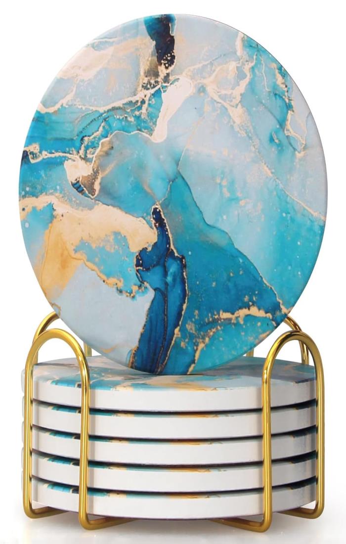 HUACHENG コースター おしゃれ 6個セット セ ラ ミ ッ ク製 大理石模様 耐熱 保護コ ル ク裏面 マグ お茶パッド カップマット 吸水 速乾 断熱 滑り止め 家庭用 オ フィ ス用 ボヘミアン風 丸型 ホルダー付き (ライトブルー)