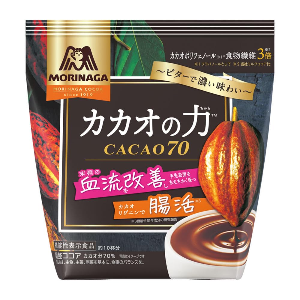 ◆商品名：森永製菓 カカオの力 CACAO70 200gカカオ成分70％、カカオ本来の味わいが堪能出来るココアです。森永ミルクココア比でポリフェノール・食物繊倍の健康と美を考えた機 能 性 表 示 食 品（血流改善・腸活）のココアです。商品紹介 カカオ成分70％、カカオ本来の味わいが堪能出来るココアです。森永ミルクココア比でポリフェノール・食物繊倍の健康と美を考えた機 能 性 表 示 食 品（血流改善・腸活）のココアです。 原材料・成分 ココアパウダー（ココアバター15〜17％）（オランダ製造）、砂糖、カカオマス／香料、乳化剤、（一部に乳成分を含む）