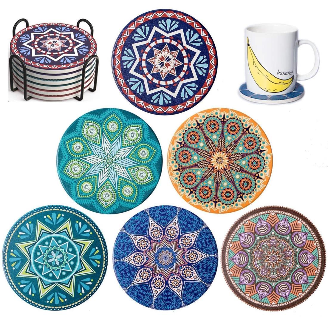 EASYLEE コースター 吸水セ ラ ミ ッ クカップマット エコ 素材（含まない アスベスト） 高吸水性 断熱 速乾 茶パッド コップ敷き ドリンク コーヒー 茶托 滑り止め コースター おしゃれ（珪 藻 土よりも良い） (6 曼陀羅＆収?棚)