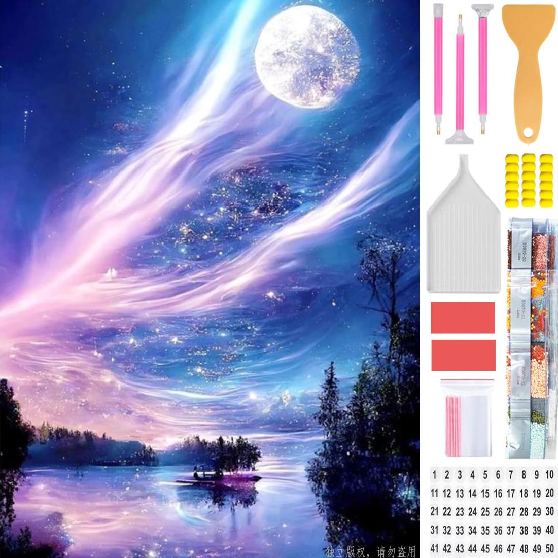 Amyaker ダイヤモンドアート キット 四角いビーズ 日本語キャンバス ダイアモンドビーズ絵画キット DIY 手作り絵画 モザイクア 5D モザイクアート ダイヤモンド塗装 全面貼り付けタイプ 30x40cm 紫オーロラ 月