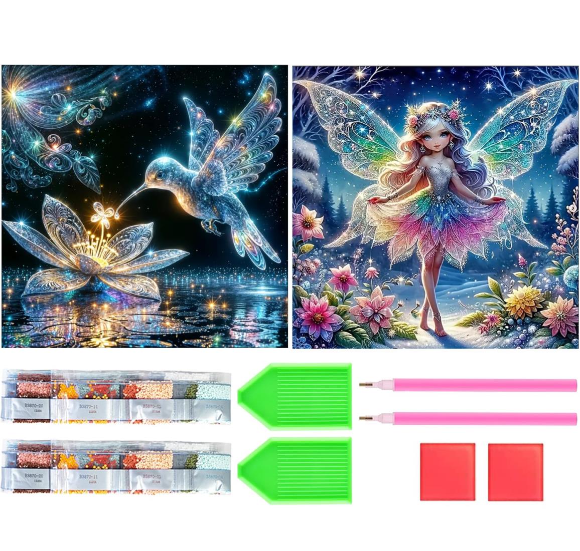 Amyaker ダイヤモンドアート キット 四角いビーズ 全面 2個セット 日本語キャンバス ダイアモンドビーズ絵画キット DIY 手作り絵画 モザイクアート 5D モザイクアート ダイヤモンド塗装 全面貼り付けタイプ 30x30cm 蝶女の子 ハチドリ