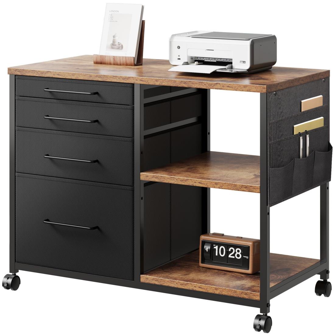 YeTom サイドキャビネット デスクワゴン 樹脂 布製 袖机 層板付き 4段 オ フィ ス ワゴン A4対応 プリ..