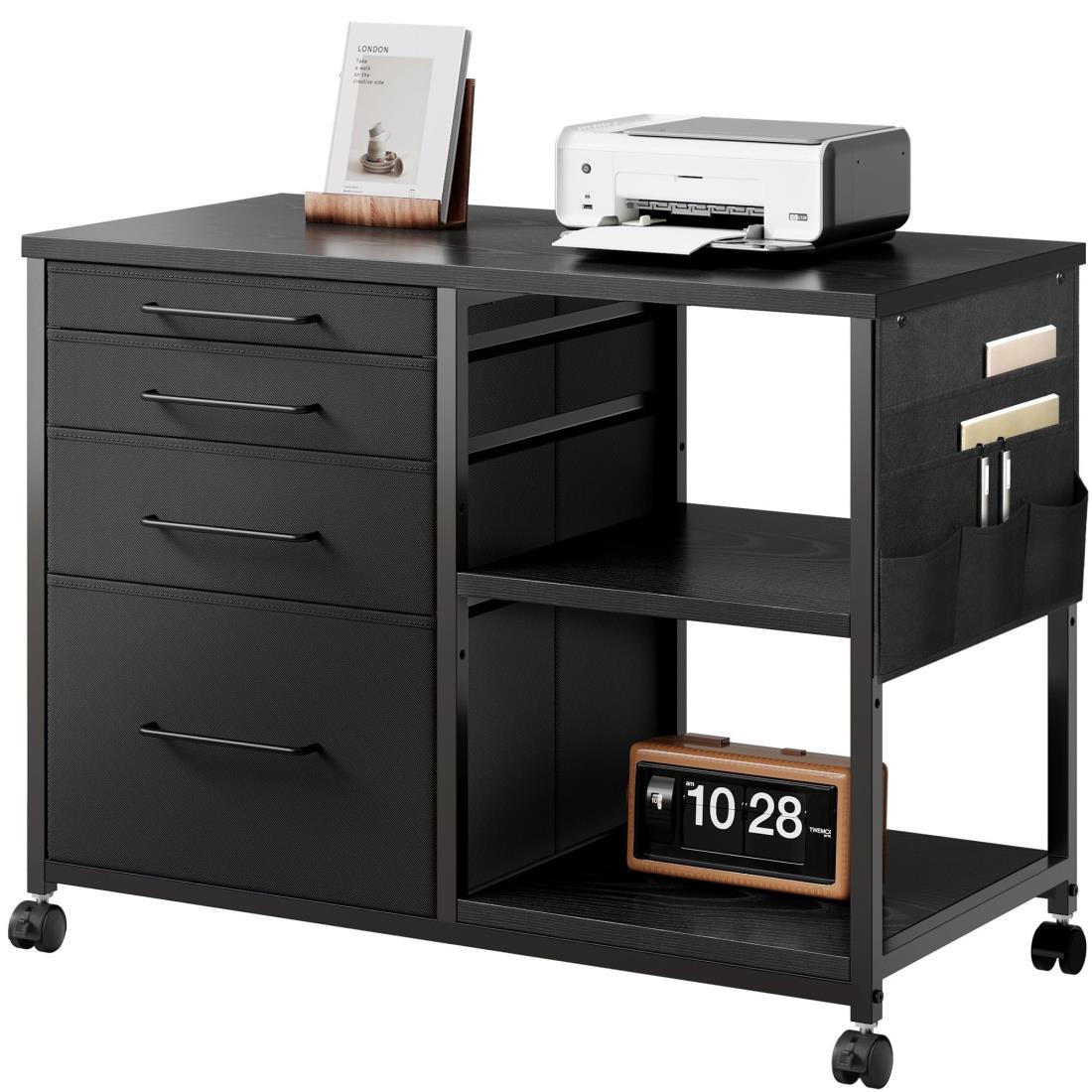 【マラソンエントリーでポイント10倍】YeTom サイドキャビネット デスクワゴン 布製 袖机 層板付き サイドワゴン 4段 オ フィ ス ワゴン A4対応 プリンター台 大容量 キャスター付き デスク下収納 幅750*奥行400*高さ650mm 黒い