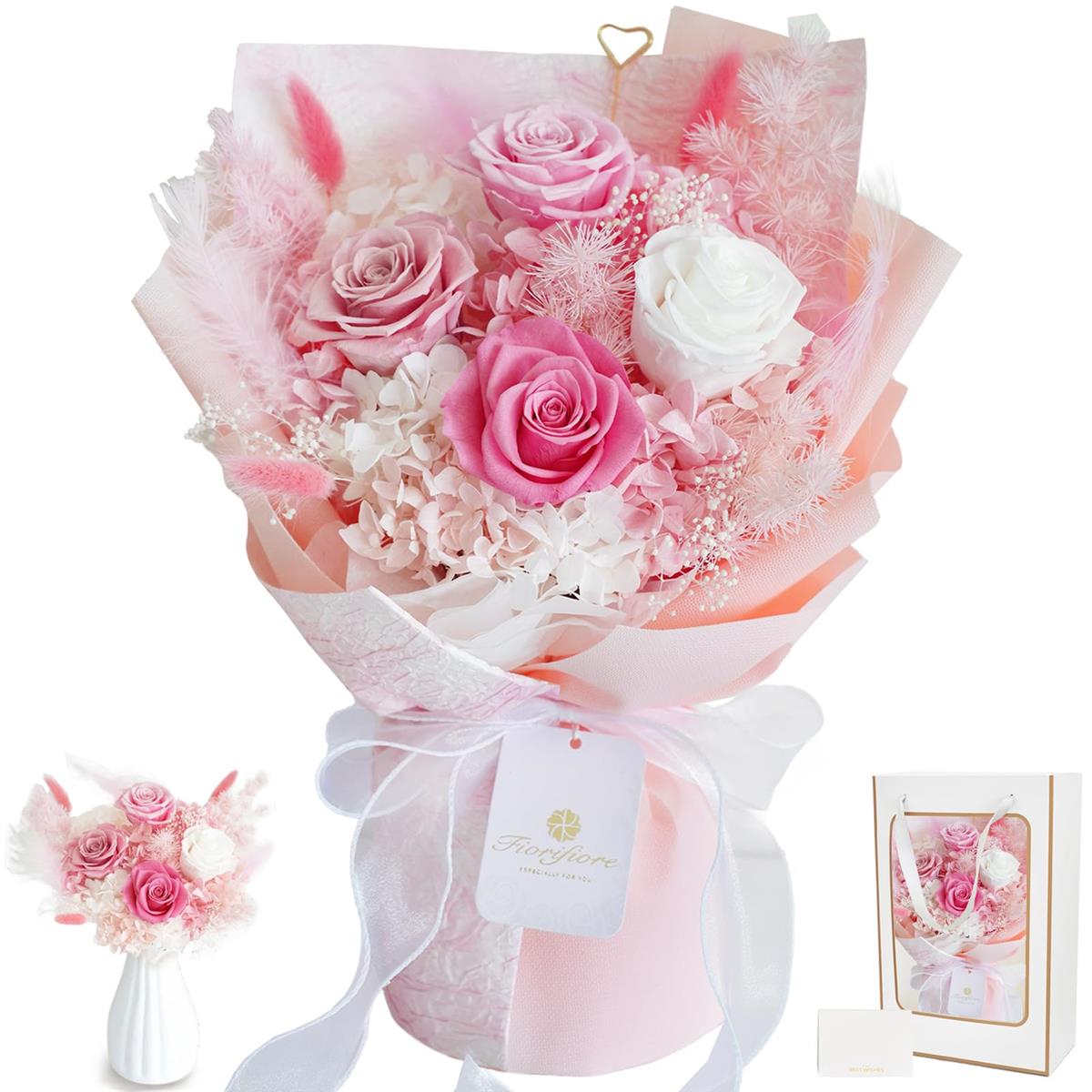 Fiorifiore 2025新登場 母の日 プリザーブドフ ラ ワ ー ブーケ 4輪 薔薇花束 自立式 ギフトボックス付き 誕生日 結婚祝い プレゼントに最適 インテリアドライフ ラワー Rosielle