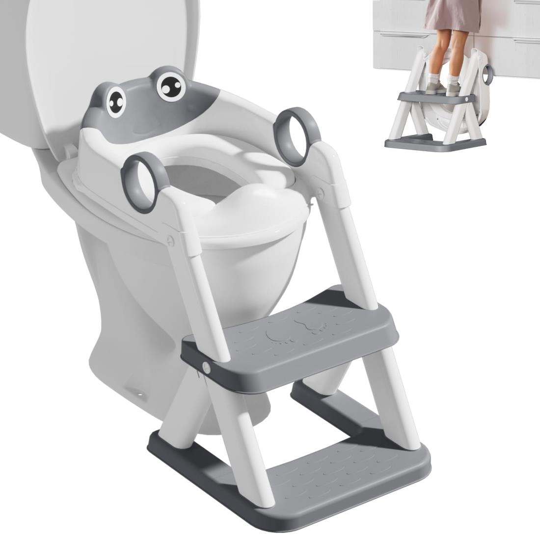 DEANIC トイレトレーニング用補助便座 折りたたみ式踏み台ステップ 高級PVCクッション付き 滑り止め設計 男の子女の子対応 子供用トイレ補助 軽量耐荷重 自宅適合率98% (グレー)