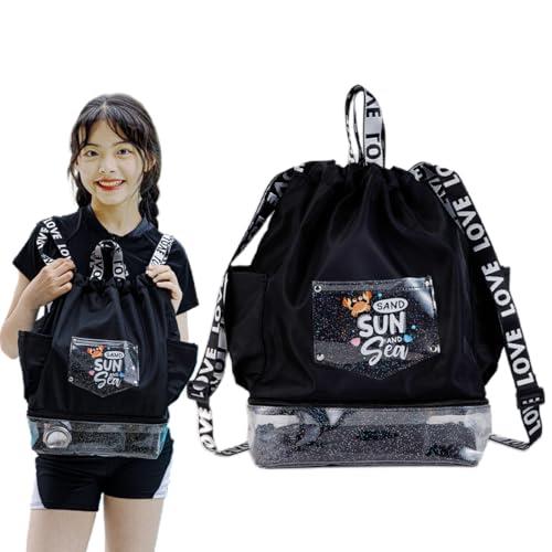 sboxwaku プールバッグ 女の子 ネームタグ付き ナップサック 2層式 乾湿分離 透明 キッズ おしゃれ 子供 ビーチバッグ プールバック プール 水泳 スイミング バッグ 小 学 生