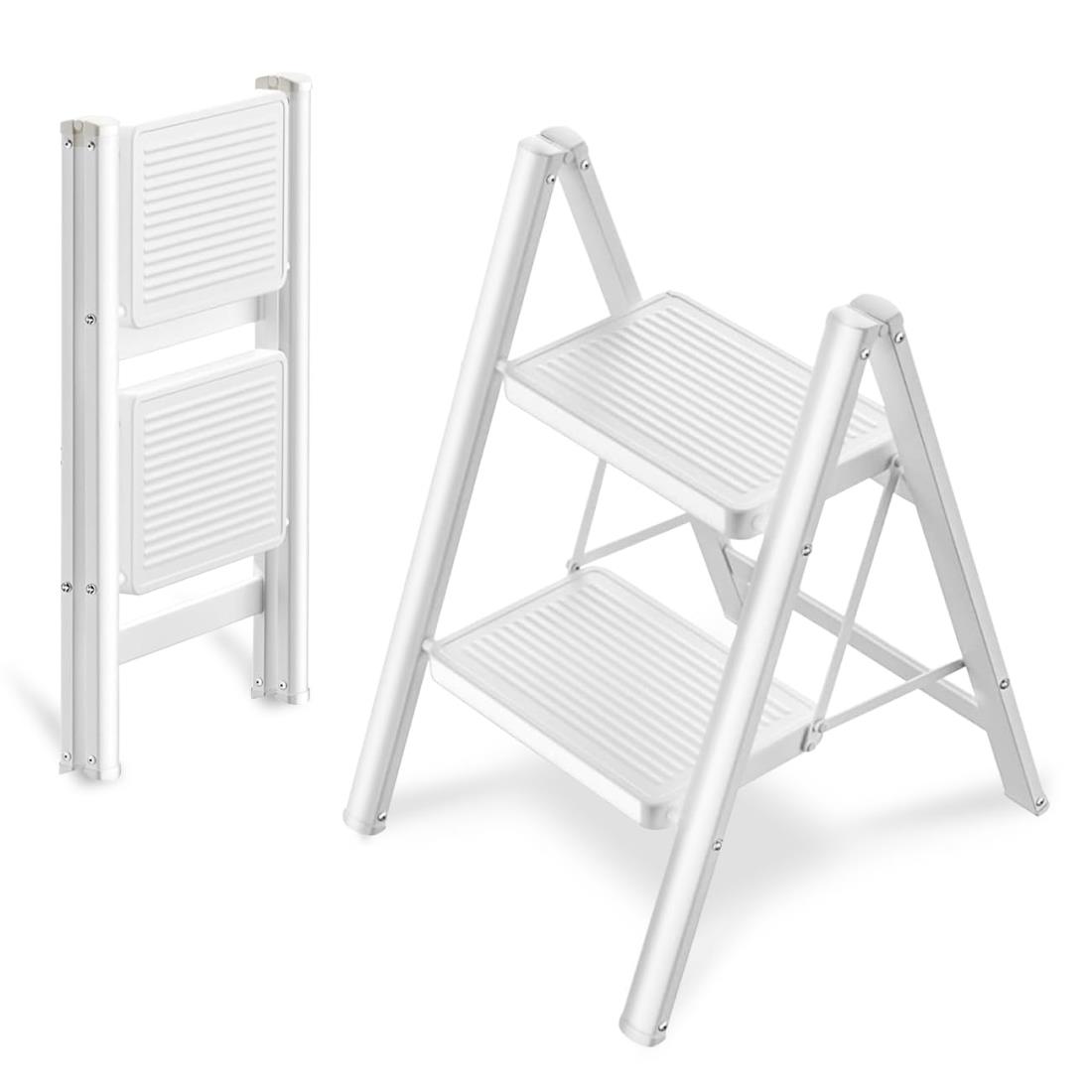 Double Elite 脚立 2段 折りたたみ 踏み台 鉄素材 軽量 安全 滑り止め付き おしゃれ ステップスツール はしご 耐荷重150KG 省スペース 多機能 室内 洗車台 屋外 ホワイト