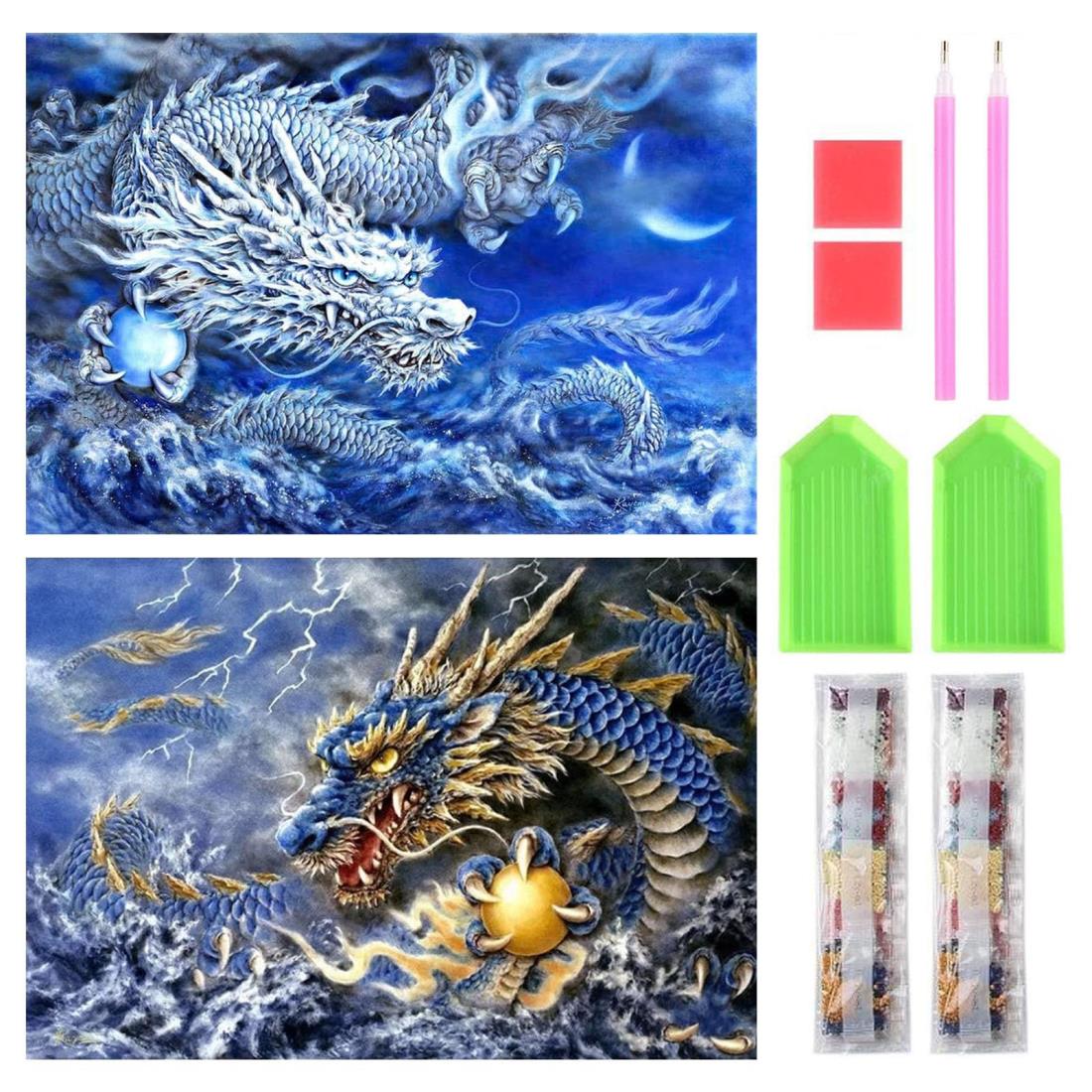 サムコス ダイヤモンドアート キット ダイヤモンドの絵画 2個セット きれい 全面貼り付け ダイヤモンドアート 塗装 初心者 大人 子供 DIY 手芸キット 芸術品 家の壁の装飾（青龍+白龍）