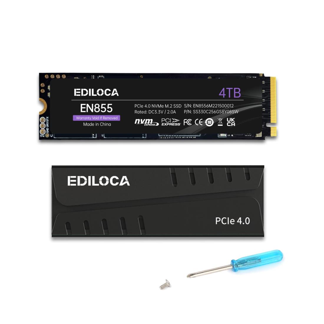 Ediloca EN855 SSD ヒートシンク付き 4TB PCIe Gen4x4 NVMe M.2 2280 PS5動作確認済み 最大読込: 7400MB/s 最大書き：6800MB/s 3D NAND TLC 内蔵SSD DRAM キャッシュ搭載 メ ー カ ー5年保 証