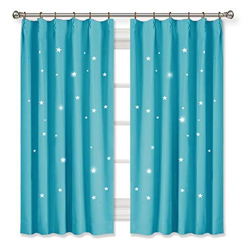 PONY DANCE カーテン 透かし彫り星 プラネット 遮光カーテン 遮熱 ベランダ 子ども 風呂場 台所 居間幼稚園用 2枚セット スカイブルー 幅100丈178cm