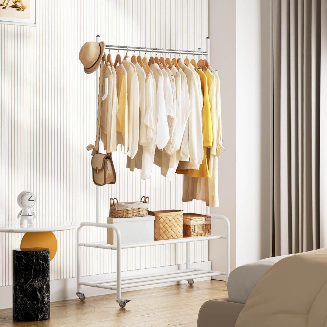 VICERII ハンガーラック 多機能収納 おしゃれ 洋服ラック 衣類収納 頑丈 防サビ キャスター付き 洋服掛け (ホワイト, 1段)
