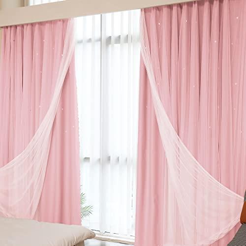 カーテン 姫系 4枚セット 遮光 丈200cm*幅100cm レースカーテン付き 星柄 おしゃれ 厚手 フック付き タッセル付き 二重 取付簡単 すぐ使える ア...