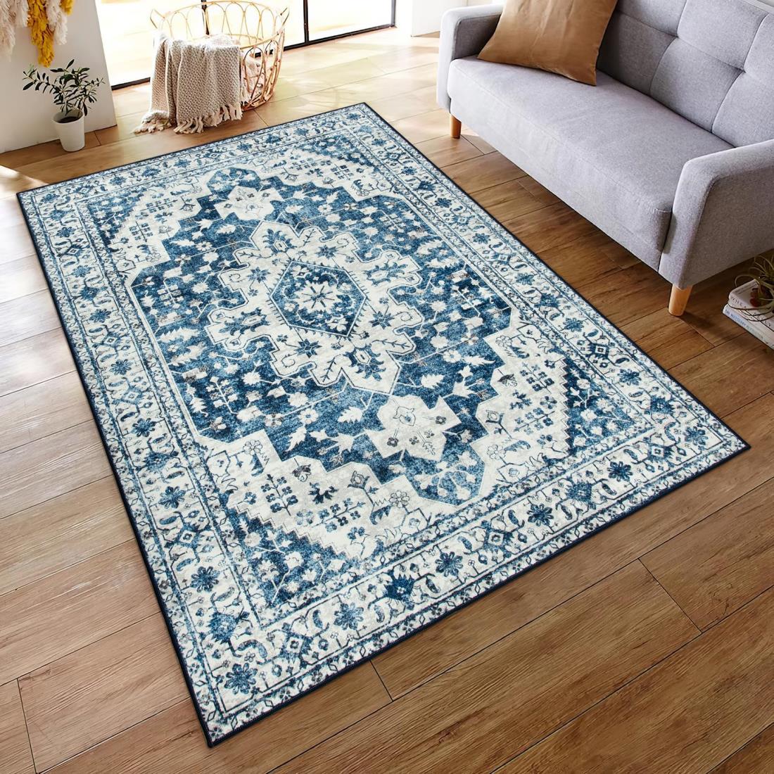 HAOCOO カーペット 1畳 ラグマット 洗える 120х160cm オールシーズン適用 ペルシャ風 じゅうたん 滑り止め 防音 寝室 ラグ 耐磨耗性 軽量 ホットカーペット対応 メダリオン柄 ブルー