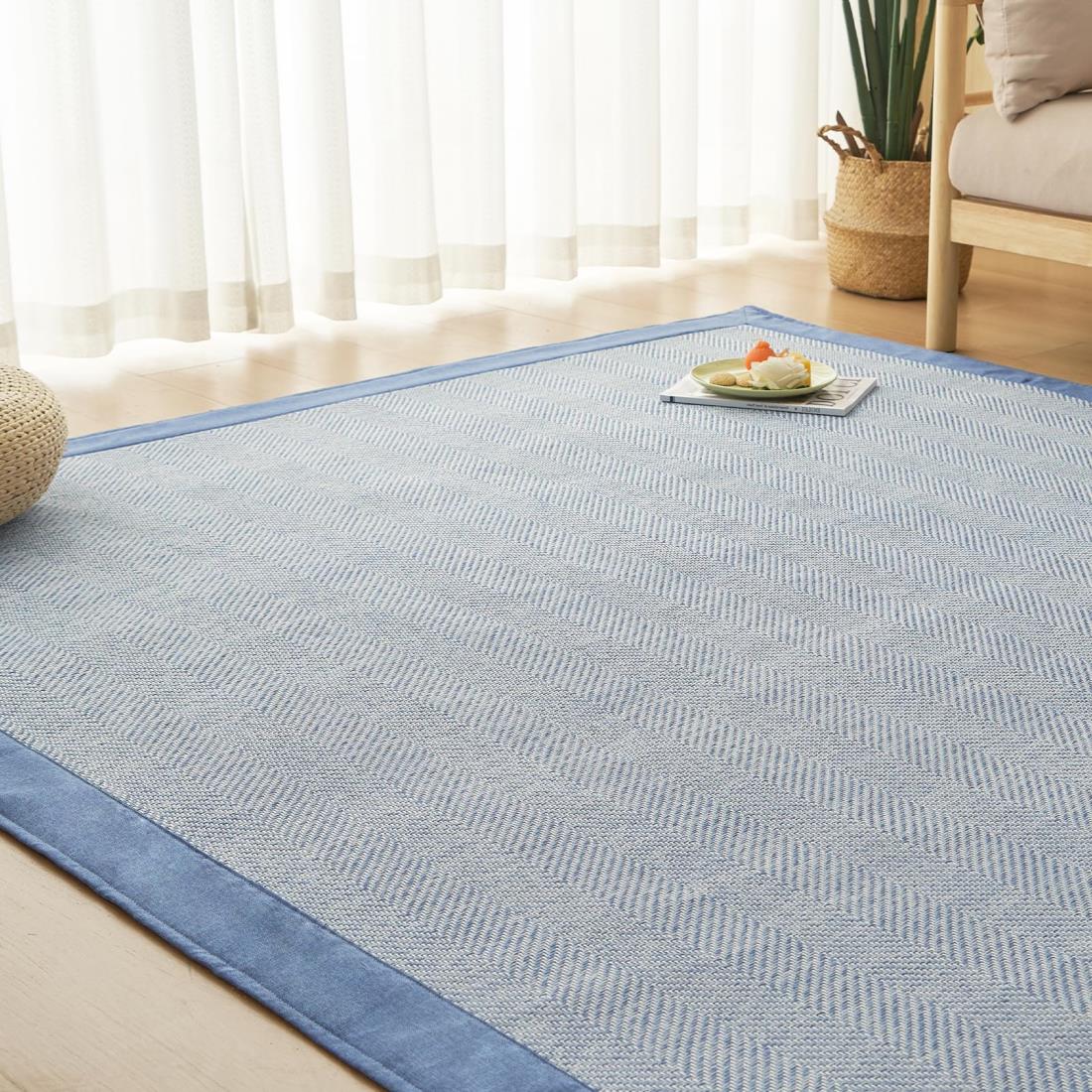 OIGAE ラグ カーペット 春 夏 185x185cm 2畳 ラグマット ヘリンボン柄 北欧 じゅうたん 無地調 幾何学模様 床保護 防音 リビング 滑り止め オールシーズン適用 安心素材 ネービーブルー