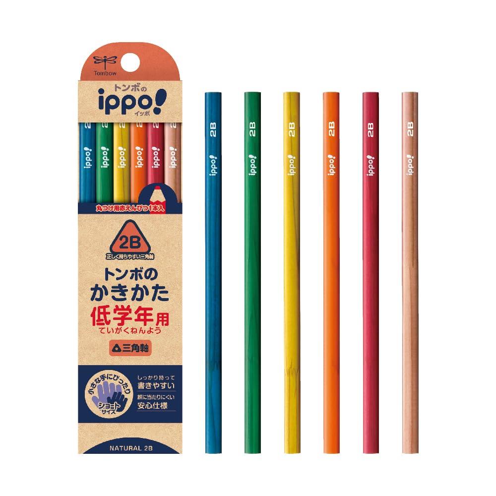 トンボ鉛筆 三角鉛筆 2B (赤えんぴつ1本入り) 安全の短め設計 ippo! 低学年用かきかた ナチュラル MP-SENN04-2B