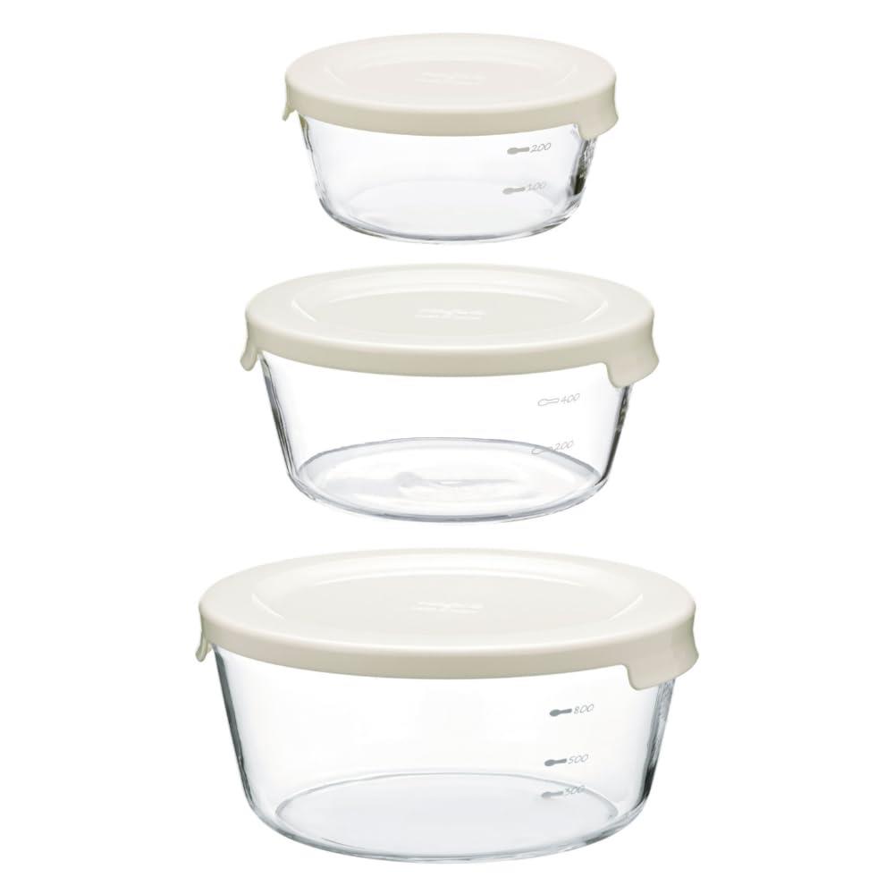 【マラソンエントリーでポイント10倍】HARIO(ハリオ)耐熱ガラス製保存容器 丸 S/M/L ホワイト 食洗器OK 日本製 M S T-3018-OW 3個セット