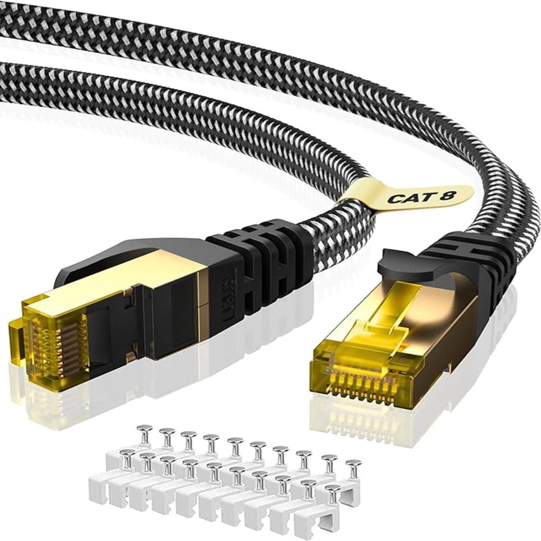 BUSOHE LANケーブル25M Cat8フラット編みケーブル高速 RJ45コネクタ薄型イーサネットケーブルめっき種別8シールド折れ防止モデムルータなどに適している。留め具40個付き