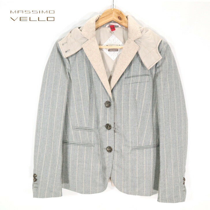 85％オフ 正規品 訳あり品 ボタン割れ MASSIMO VELLO マッシモヴェッロ ジャケット 44サイズ グレー LLサイズ レディース テーラードジャケット ウール100% ストライプ カジュアル 秋冬 中綿入り 3ボタン 15W12W