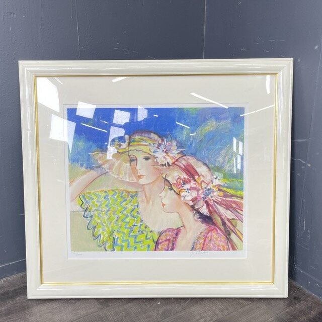 今井幸子 夏の日 リトグラフ 【中古】　CLXX/CCXX 美人画 緑のドレスの婦人 額縁付 絵サイ ...