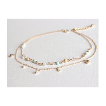 14KGF 天然石 2連アンクレットラリマー×クリスタル×カルセドニーゴールドフィルド・ジュエリー