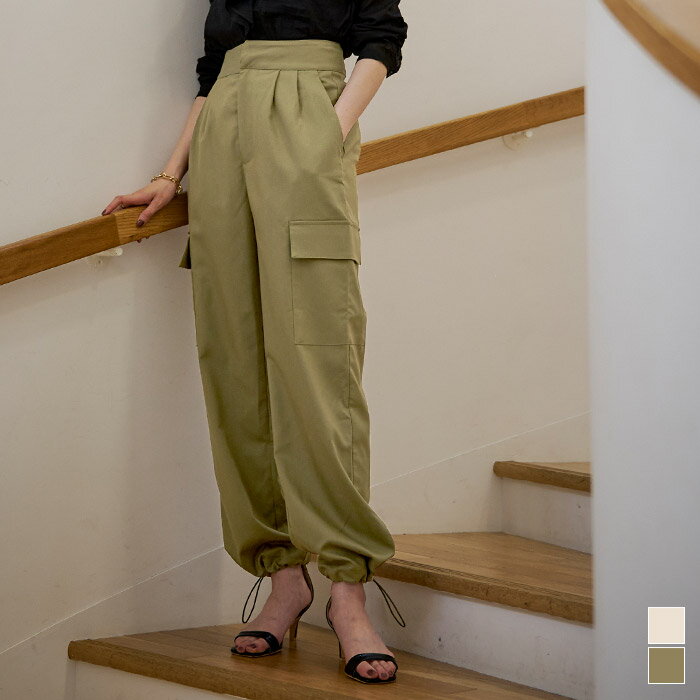 タックカーゴパンツ ボトムス レディース パンツ ロング丈 ドロスト タック シンプルのサムネイル