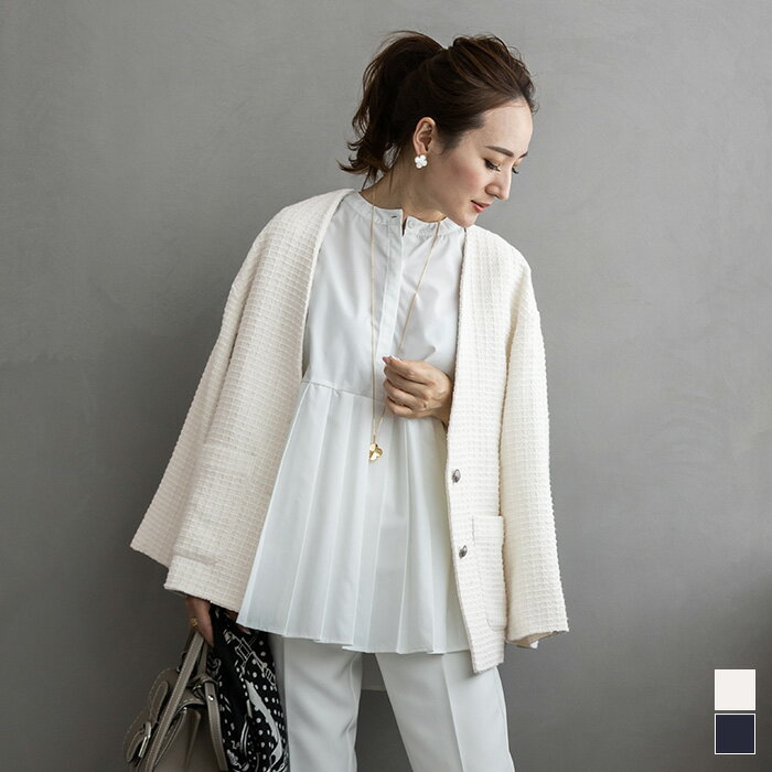 オーバーサイズノーカラーツイードジャケット アウター レディース ジャケット ドロップショルダー 羽織り シルバーボタンのサムネイル