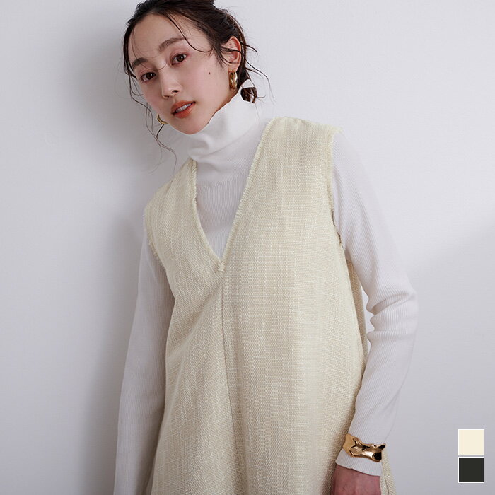 前後2wayツイードロングワンピース ワンピース レディース ロング丈 フレア Aライン ノースリーブ Vネック クルーネック フリンジ レイヤード シンプルのサムネイル
