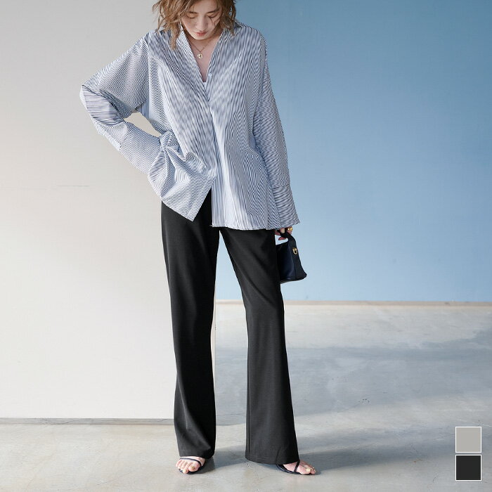 スリムフレアパンツ ボトムス レディース パンツ フレアシルエット 美脚 シンプル ウエストゴム 落ち感 定番カラーのサムネイル