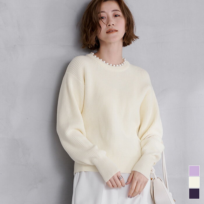 先着100名様【店内全品50％OFFクーポン】12/4 20時～■パール付クルーネックニット トップス レディース..