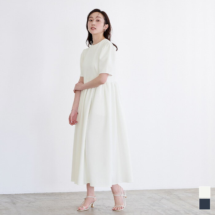 ボンディングパフスリーブギャザーフレアワンピース ワンピース レディース ロング丈 フレア Aライン 半袖 クルーネック シンプル