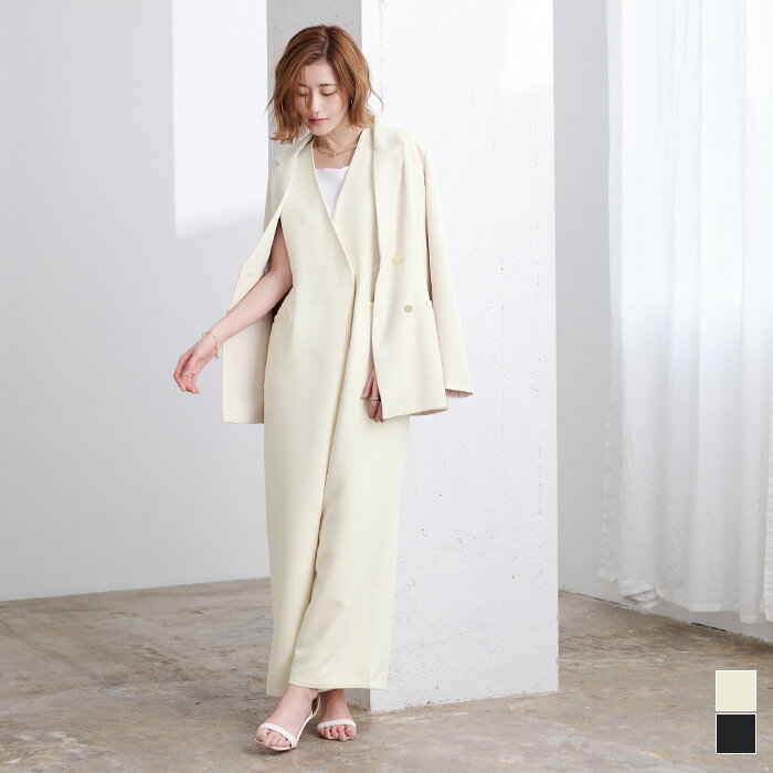 ジレサロペットワンピース レディース オールインワン ノースリーブ Vネック タック パンツ レイヤード シンプルのサムネイル