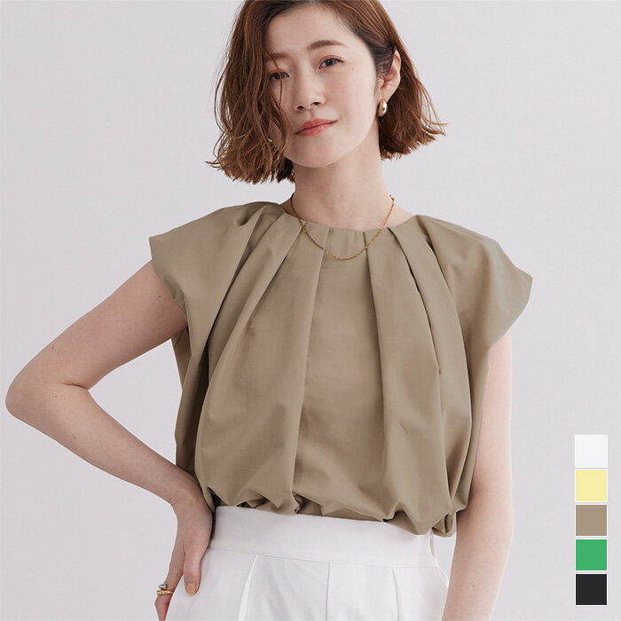 タックネックボリュームショルダートップス トップス レディース ブラウス シャツ ノースリーブ プルオーバー タック クルーネック シンプル【メール便可／100】のサムネイル