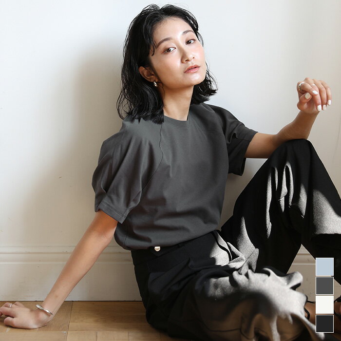 汗染み防止タックボリュームスリーブTシャツ トップス レディース クルーネック 半袖 シンプル 二の腕カバー カラバリ豊富【メール便可／70】のサムネイル
