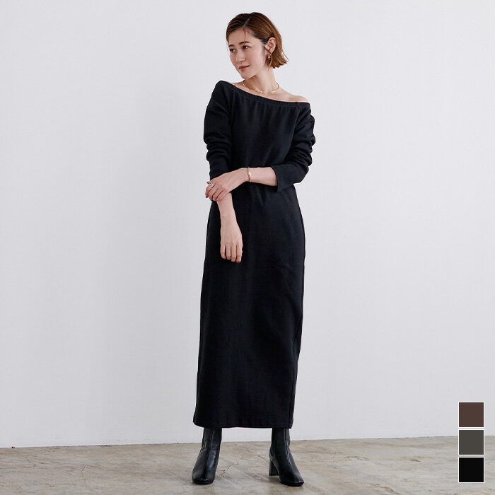 カップ付オフショルダーテレコワンピース ワンピース レディース ロング丈 リブ 長袖 Iライン タイト シンプルのサムネイル