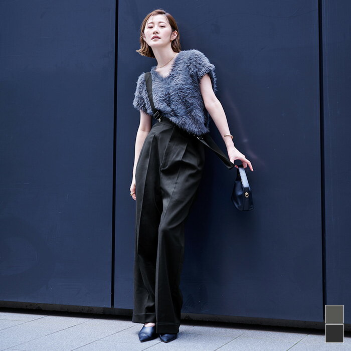 センタープレスダブルサロペットパンツ ボトムス レディース パンツ ロング丈 マニッシュ ハイウエスト フルレングス サスペンダー美脚 シンプルのサムネイル