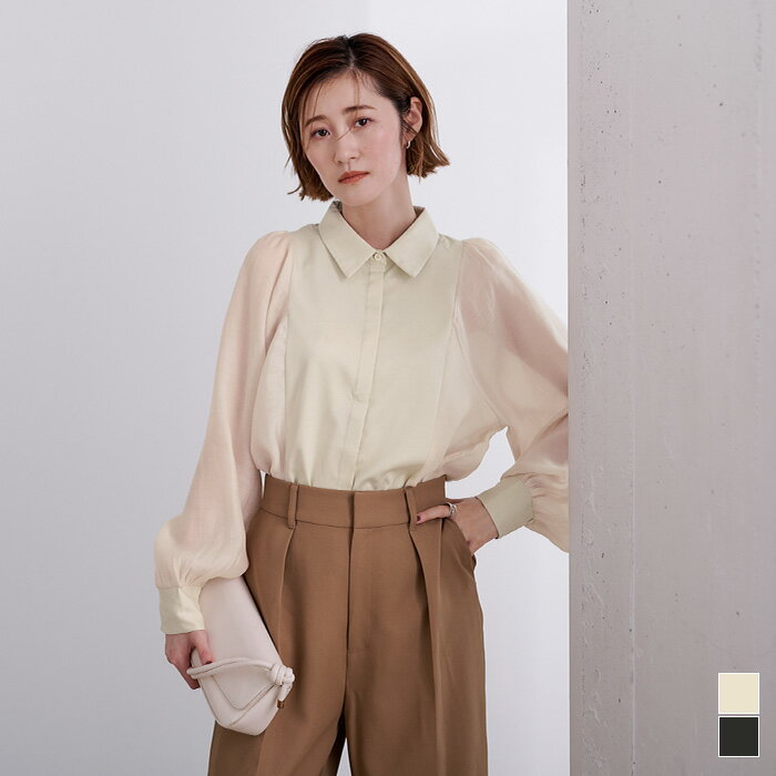 シアードッキングブザムブラウス トップス レディース シャツ 長袖 ボリュームスリーブ 異素材 ボタン シンプル(4)