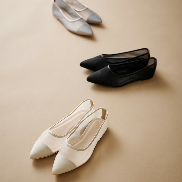 ポインテッドトゥメッシュパンプス 靴 レディース パンプス シューズ ポインテッドトゥ メッシュ ぺたんこ ローヒール'のサムネイル