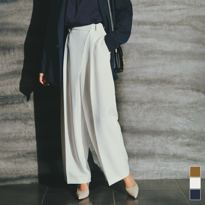 先着100名様【店内全品50%OFFクーポン】12/4 20時〜■ラップデザインワイドパンツ ボトムス レディース パンツ タック フルレングス シンプル セッ...